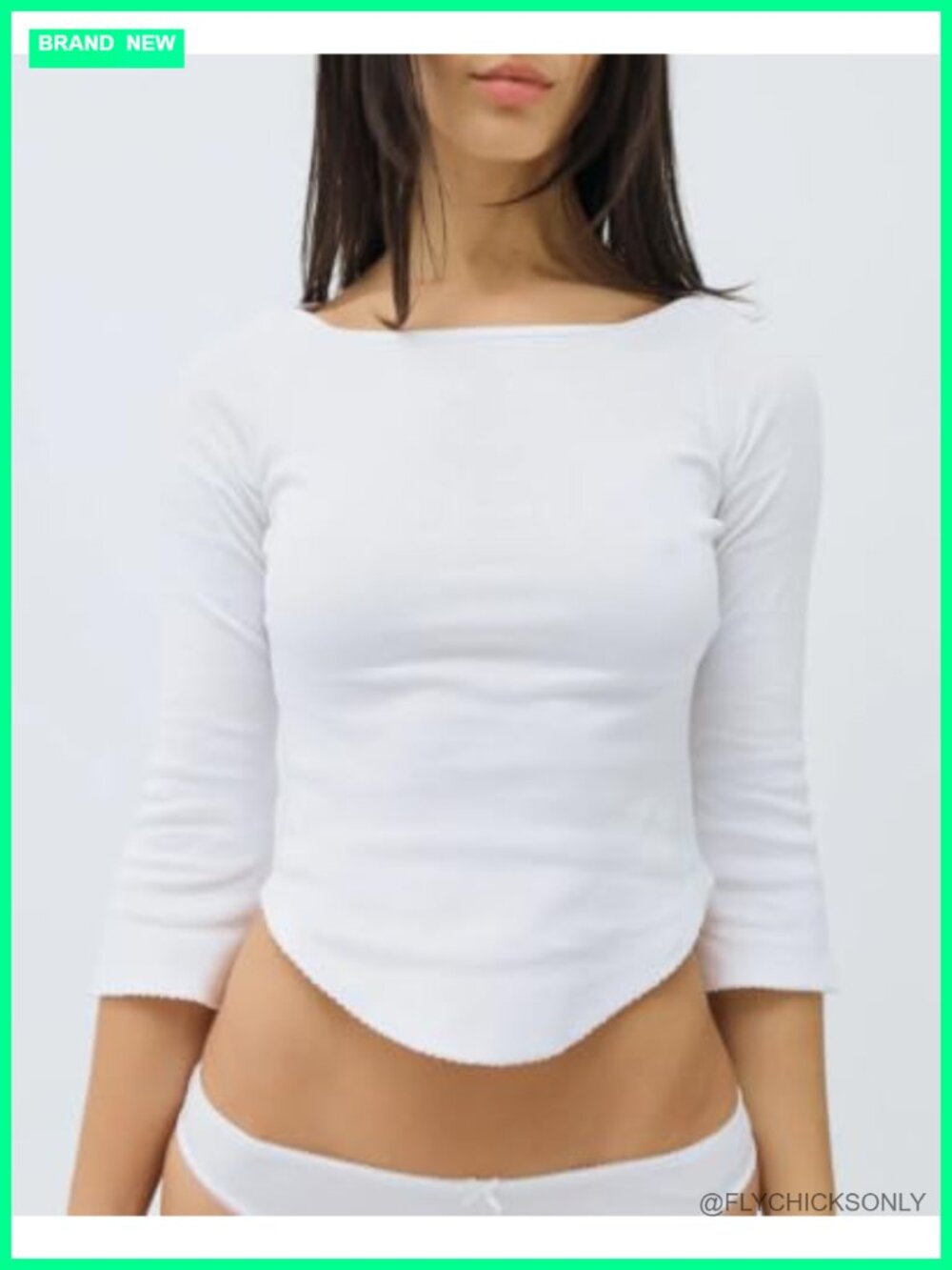 Women's Y2k Boat Neck 3/4 Sleeve Crop Top Cotton Slim Fit Curved Hem Picot Trim - Picture 3 of 6